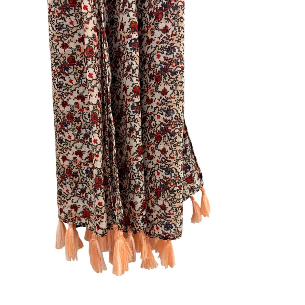 Long Abstract Floral Print Scarf With Tassel Accents NEW Boho
